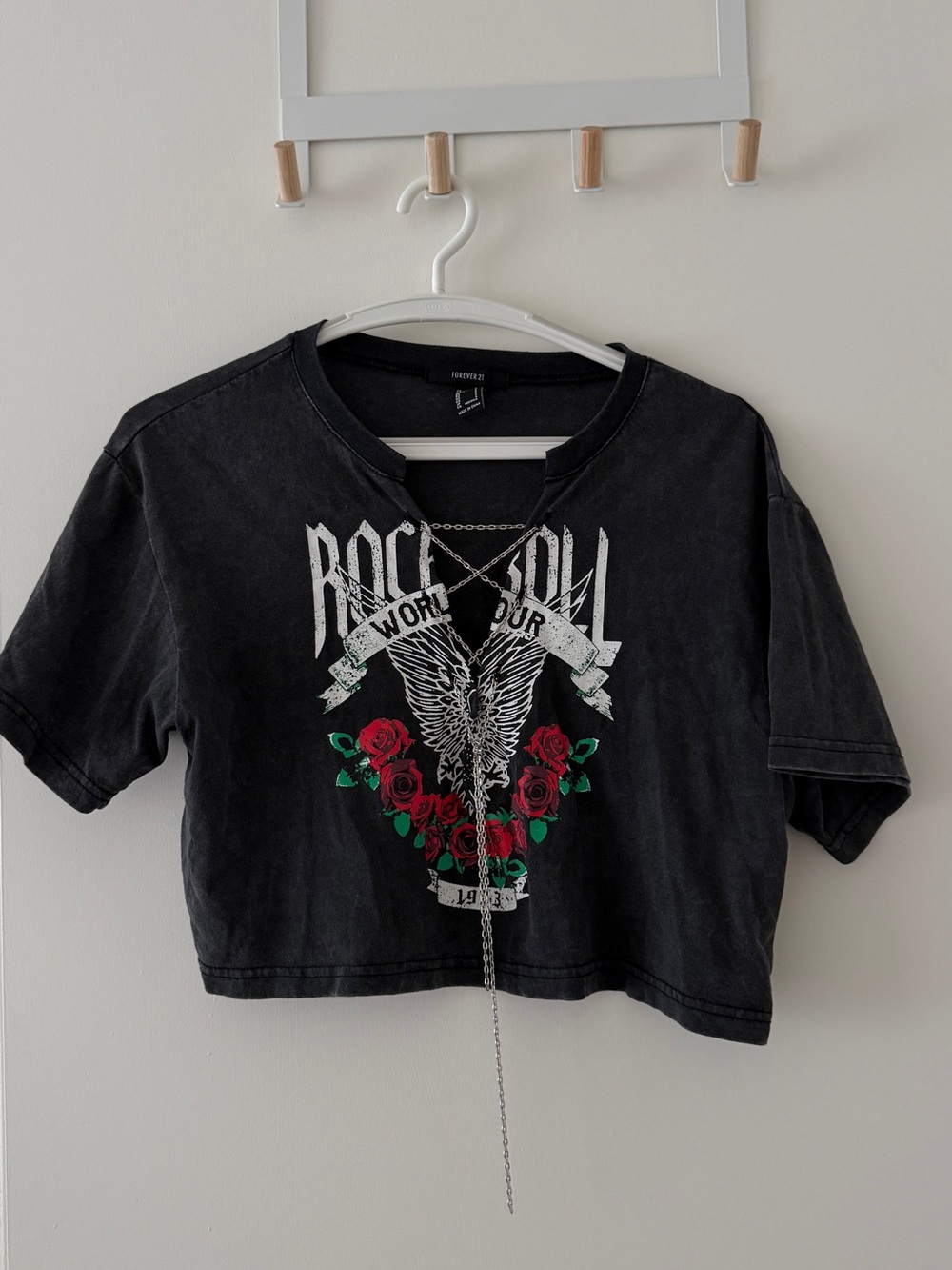 Forever 21 Black Rock & Rose Graphic Crop Tee